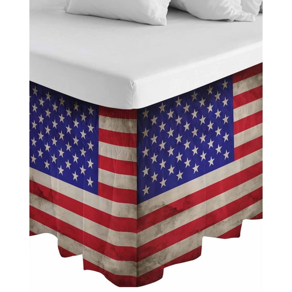 American Flag Wrap Around Bed Skirts for Queen Bed 16" Drop, Bed Skirt with Adjustable Elastic Belt Dust Ruffle Bed Valance for Bedroom Hotel Luxury USA Flag Retro Bed Frame Cover