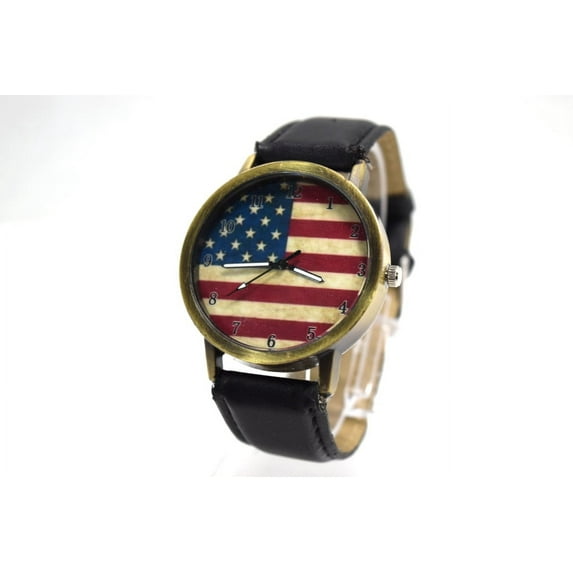 American Flag Wristwatch Black Band Copper Color Case Watch-389 F