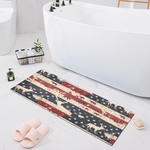 American Flag and Animals Bath Mat 39x20 Non-Slip Bathroom Rugs Absorbent Soft Plush Quick Dry for Tub Shower Kitchen Home Decor