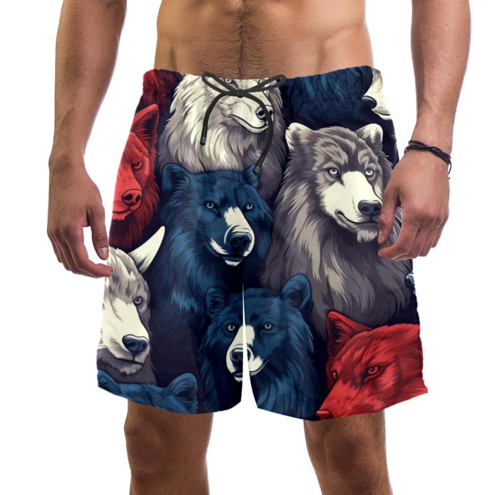 American Flag and Animals Men Beach Shorts with Elastic, Casual Drawstring Volleyball Board