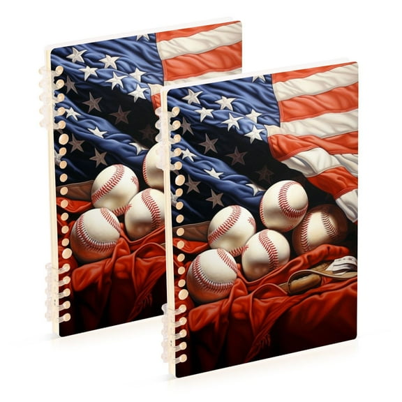 American Flag and Baseball 2 Pcs Spiral Notebooks 60 Sheets 120 Pages A5 Journal Notepad 8.3x5.7 Inch Thick Adjustable College Ruled Paper