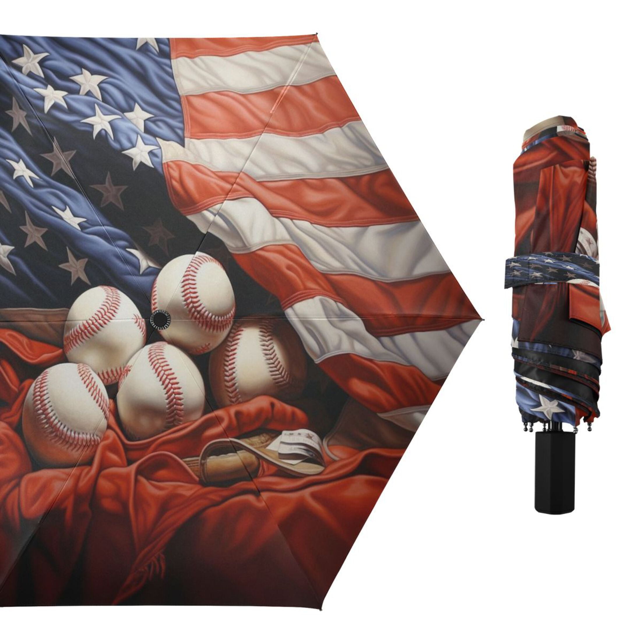 American Flag and Baseball Compact Sun Umbrella Windproof Travel Umbrellas for Rain Strong Portable UV Protection