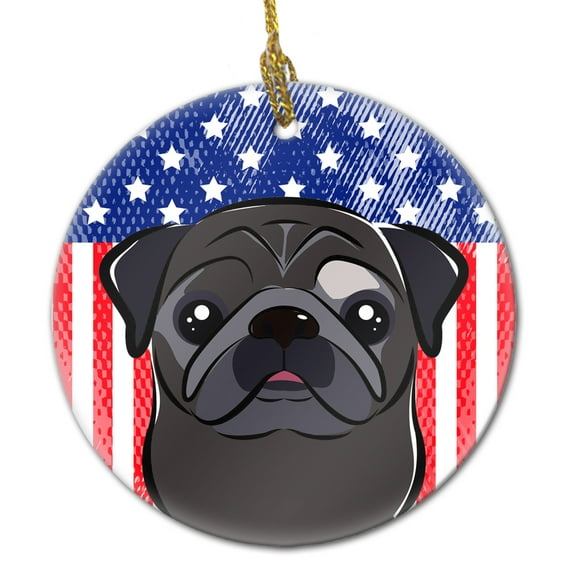 American Flag and Black Pug Ceramic Ornament