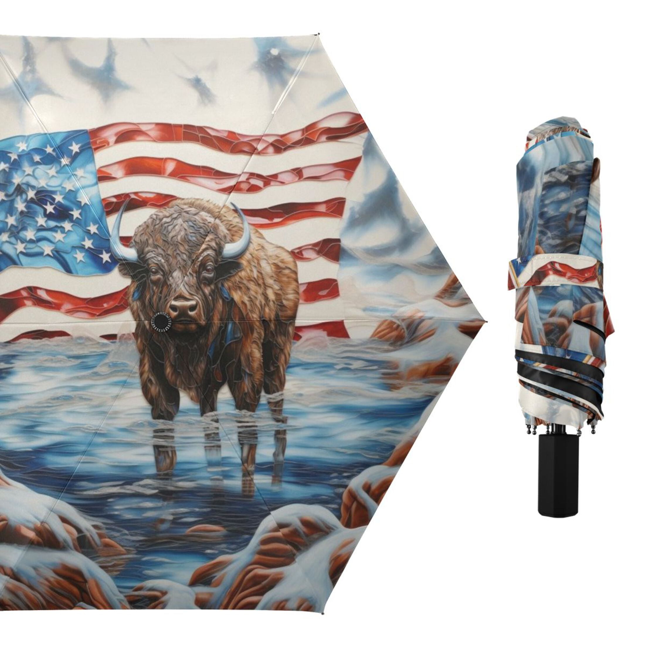 American Flag and Cattle Compact Sun Umbrella Windproof Travel Umbrellas for Rain Strong Portable UV Protection