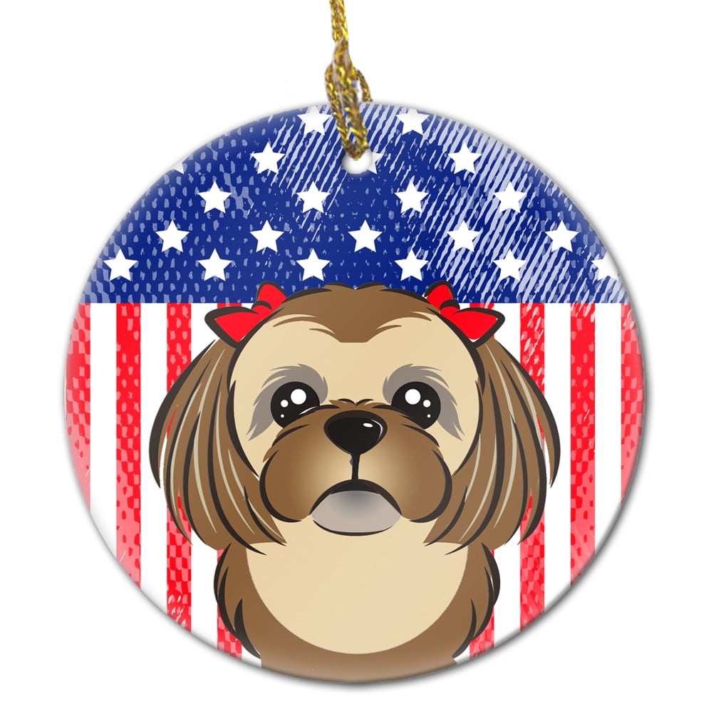American Flag and Chocolate Brown Shih Tzu Ceramic Ornament