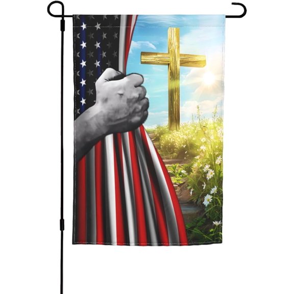 American Flag and Christian Cross Garden Flag, Double-Sided Printed 100D Polyester, 12 x 18 Inch Outdoor Welcome Banner for Yard