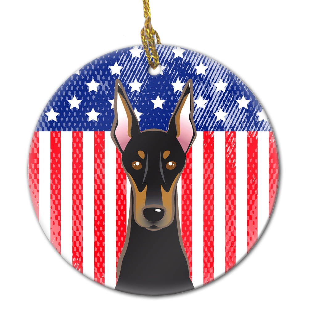 American Flag Doberman Glossy Porcelain Christmas Ornament