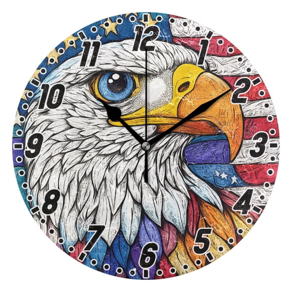 American Flag and Eagle Round Wall Clock Battery Operated Silent Non-Ticking Bedroom Office Kitchen Home School Decor 10"(Black)