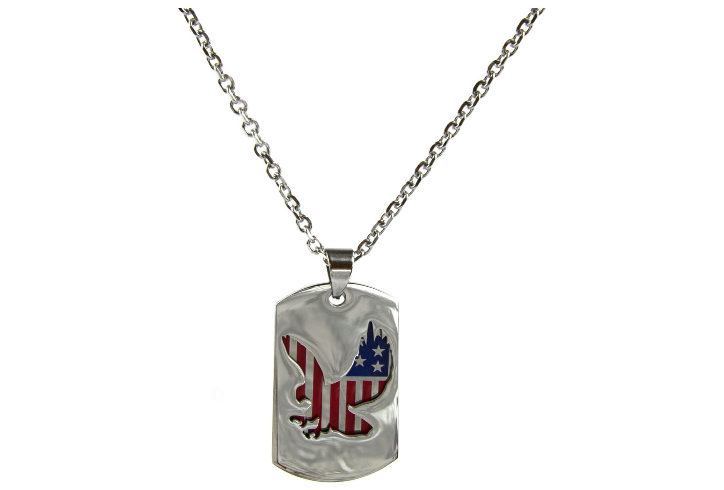 American Flag Necklace For Men - Stainless Steel Dog Tag Pendant With Eagle/Cross, Adjustable 22-24 Inch