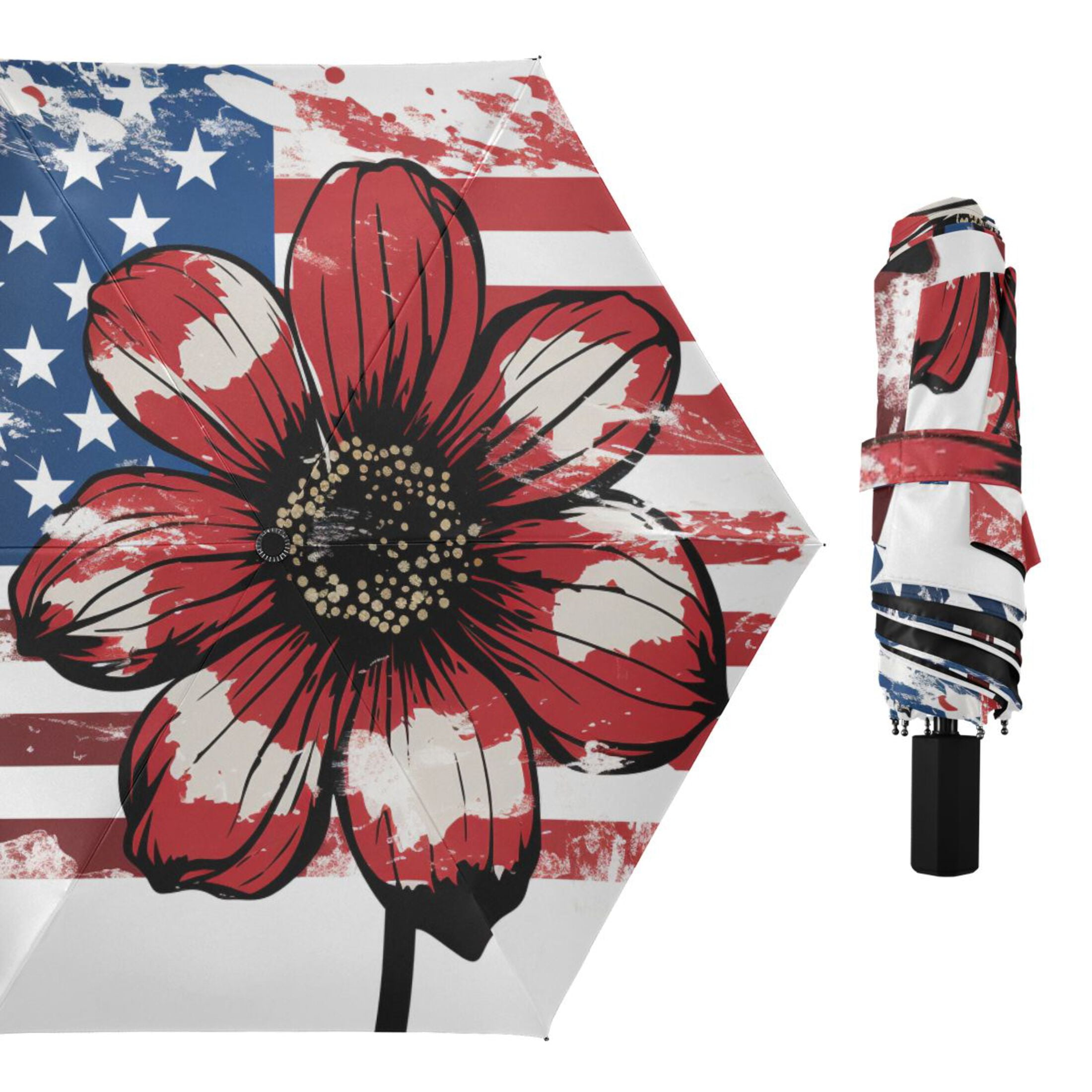 American Flag and Flower Compact Sun Umbrella Windproof Travel Umbrellas for Rain Strong Portable UV Protection