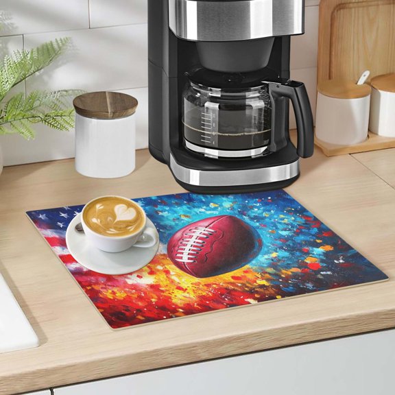 American Flag and Football Dish Drying Mat 12"x18" Kitchen Counter Dish Pad Microfiber Absorbent Drainer Rack for Coffee Bar