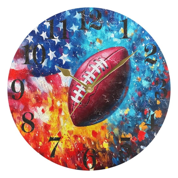 American Flag and Football Round Wall Clock Battery Operated Silent Non-Ticking Bedroom Office Kitchen Home School Decor 10"(Gold)
