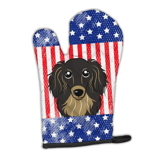 American Flag and Longhair Black and Tan Dachshund Oven Mitt
