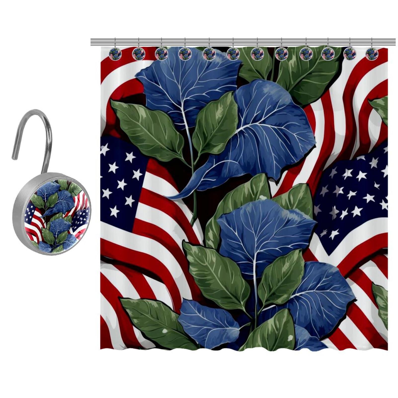 American Flag and Plants Shower Curtain with Crystal Hooks Set 36" x 72