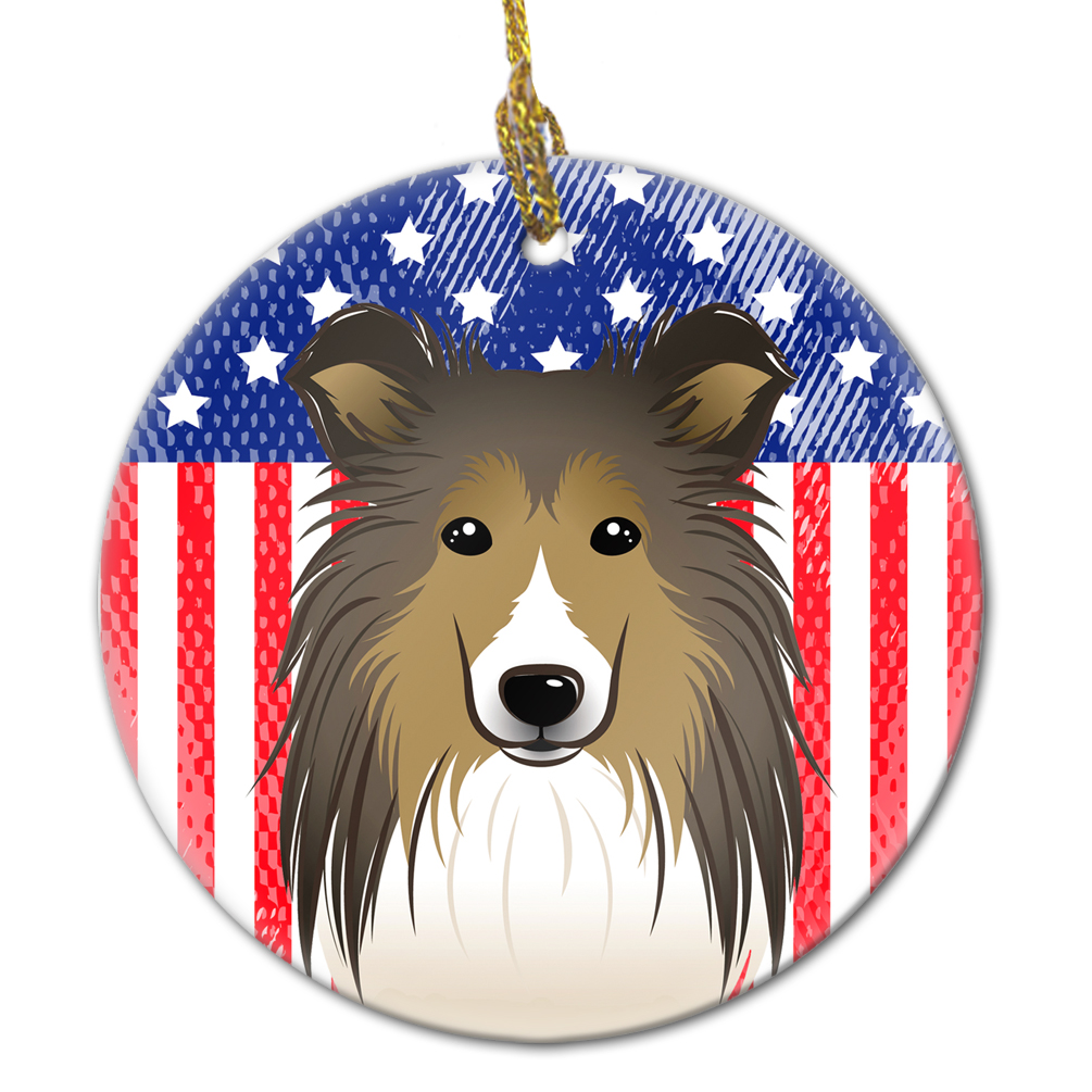 American Flag and Sheltie Ceramic Ornament