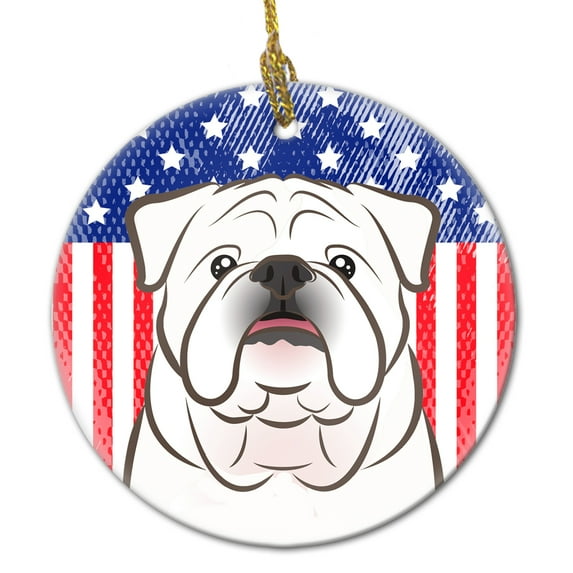 American Flag and White English Bulldog Ceramic Ornament