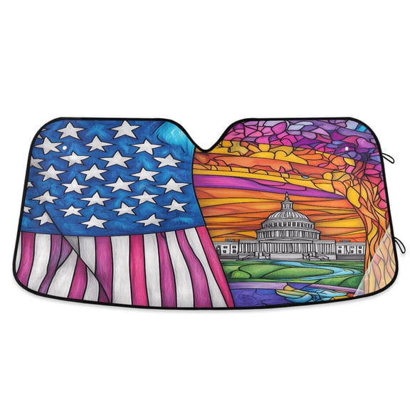 American Flag and White House Car Windshield Sun Shade Foldable Car Front Window Visor Heat and UV Protection 53x23.5