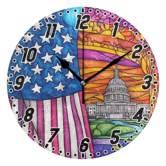American Flag and White House Round Wall Clock Battery Operated Silent Non-Ticking Bedroom Office Kitchen Home School Decor 10"(Black)