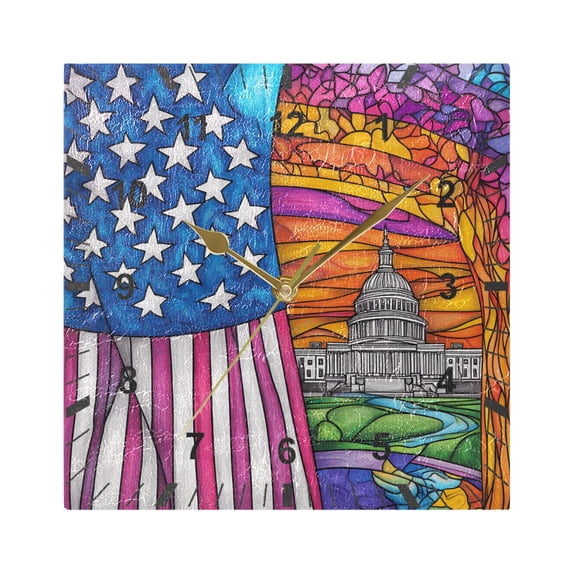 American Flag and White House Wall Clock Battery Operated Silent Non-Ticking Bedroom Office Kitchen Home School Decor 7.8"(Gold)