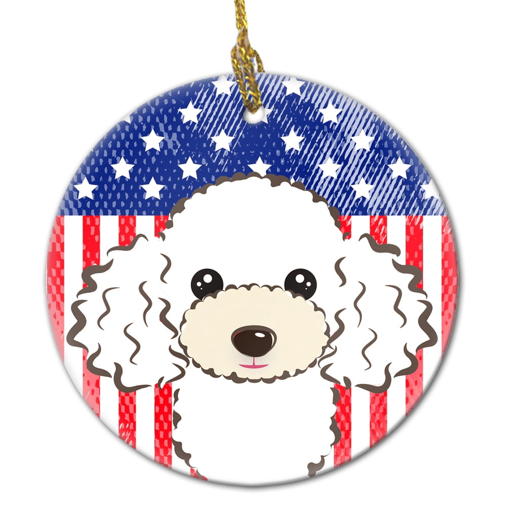 American Flag and White Poodle Ceramic Ornament