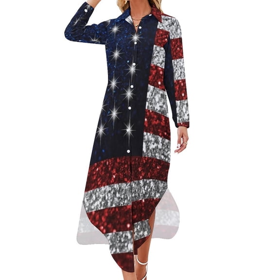 American Flag in Glitter Graphic Long Sleeved Shirt Dress dresses for women summer women's suit