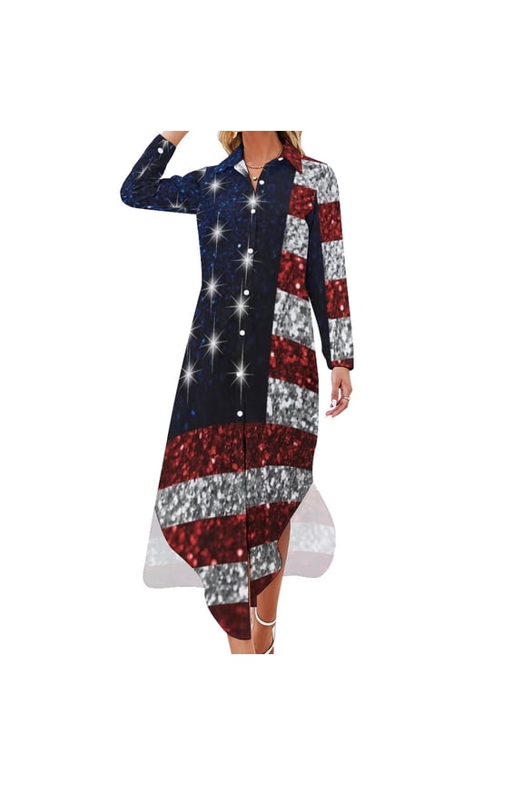 American Flag in Glitter Graphic Long Sleeved Shirt Dress dresses for women summer women's suit