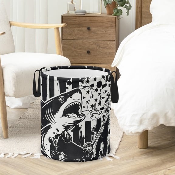 American Flag shark Laundry Basket, Foldable Waterproof Laundry Hamper Tote Bag Dirty Clothes Storage Bucket Organizer for Bathroom/Laundry/Bedroom 13.8*17.7IN