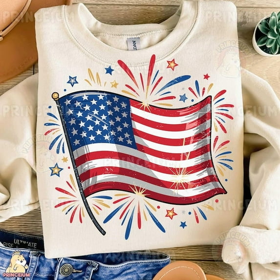 American Flag with Fireworks Sweatshirt, Patriotic USA Sweatshirt, 4th of July Sweatshirt, Independence Day Sweatshirt, Red White Blue Sweatshirt