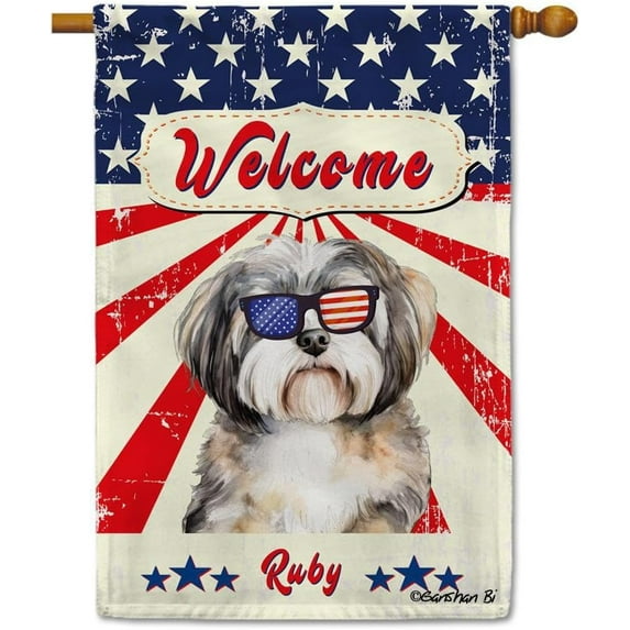 American Flag with Havanese House Flag Watercolor Dog 4th of July Patriotic Welcome Flag Banner for Outside Yard Custom 28X40 Inch Double Side