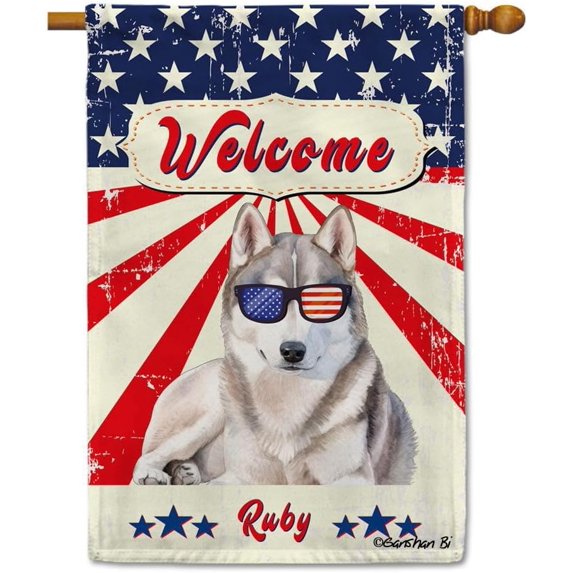 American Flag with Siberian Husky House Flag Watercolor Dog 4th of July Patriotic Welcome Flag Banner for Outside Yard Custom 28X40 Inch Double Side