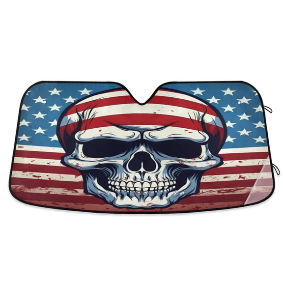 American Flag with Skull Car Windshield Sun Shade Foldable Car Front Window Visor Heat and UV Protection 53x23.5