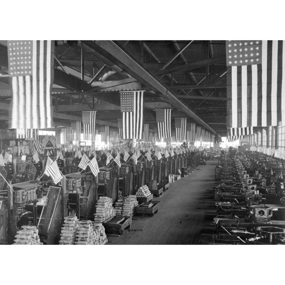 American Flags Decorate The Machine Shop For 3 Inch Artillery Shells At The Bethlehem Steel Company During World War I.