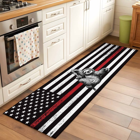 American Flags Lazy 2x6 Runner Rug for Hallway Walkway Kitchen Galley, Vintage Black White Animal Striped Stars Low Pile Washable Non Slip Long Area Rug
