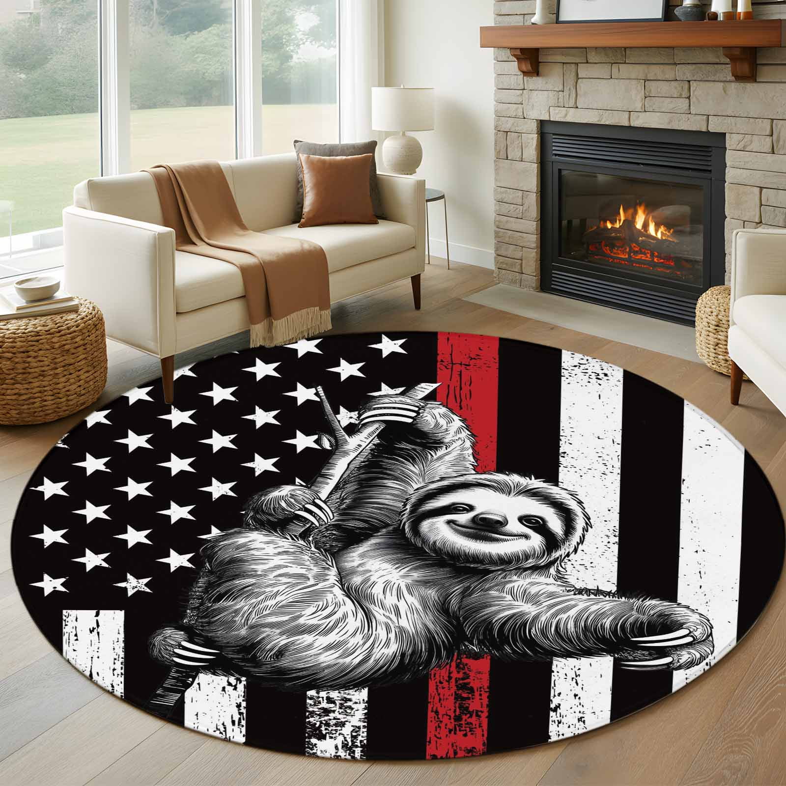 American Flags Lazy Round Living Room Rugs 7 ft, Vintage Black White ...