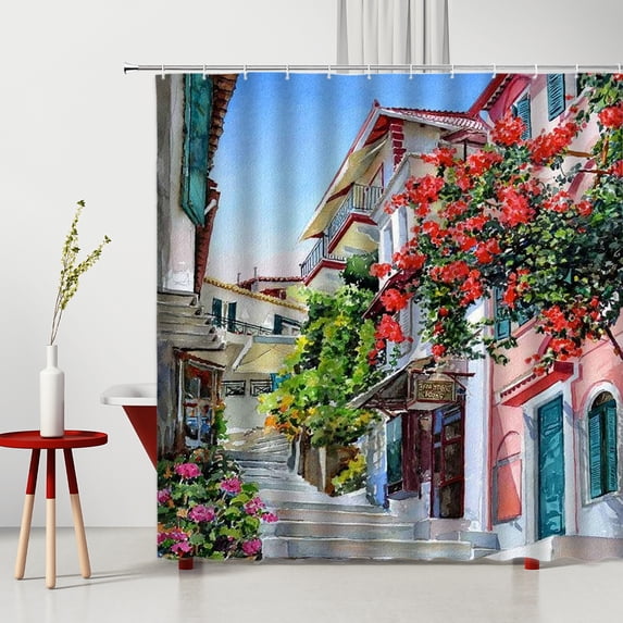 American Flower Street View Shower Curtains Hand-Painted Building Scenery Polyester Home r Washable Bathroom Partition Set