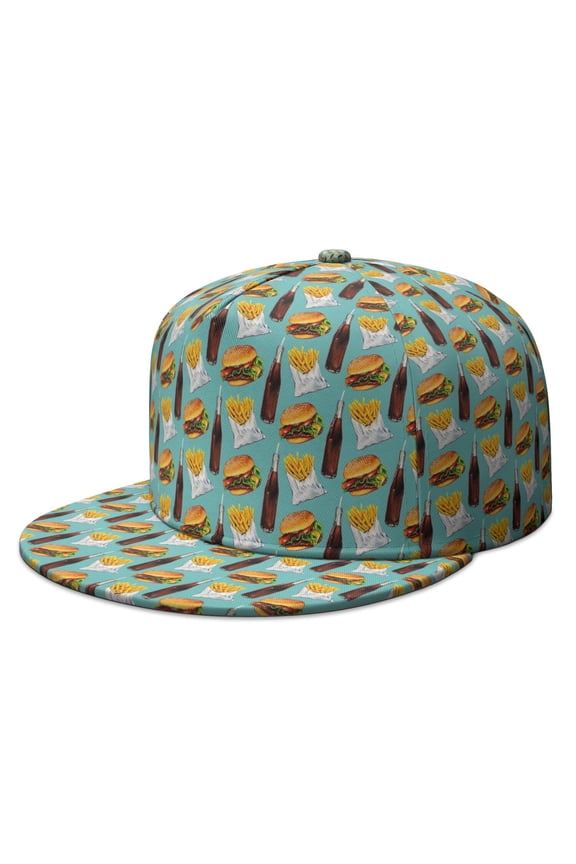 American Food Cap – Hamburger Junk Food Print Adjustable Snapback for Teens, Casual Fast Food Enthusiast Wear