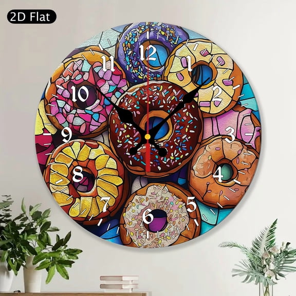 American Food Doughnuts Round Wall Clock, Stained Glass MDF Wood Kitchen Bar Cart Decor, Donut Lover Gift