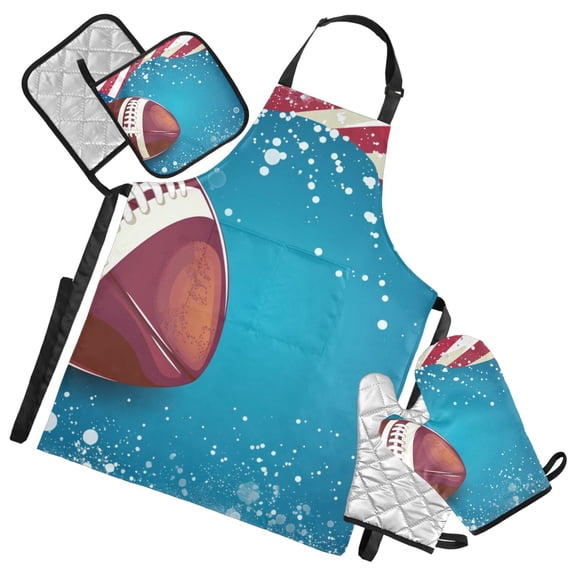 American Football 5 Pcs Kitchen Set Heat Resistant Oven Mitts and Non-Slip Pot Holders with Adjustable Cooking Apron