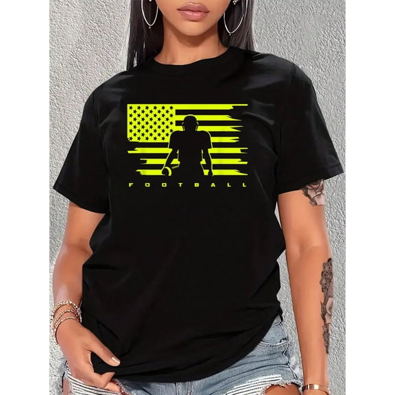 American Football Apparel - Football T-Shirt Print Crew Neck T-Shirt, Women Graphic T Shirts, Casual Short Sleeve T-Shirt For Spring & Summer, Women's Clothing