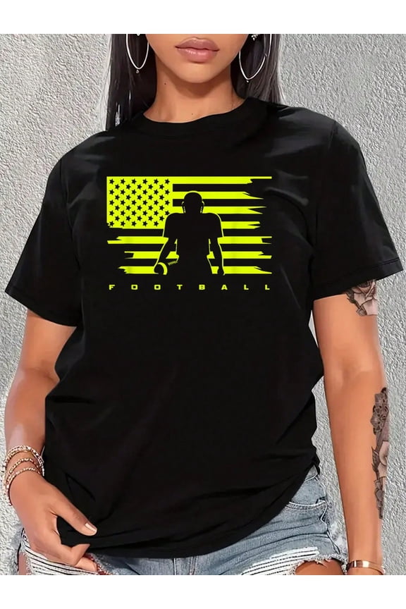 American Football Apparel - Football T-Shirt Print Crew Neck T-Shirt, Women Graphic T Shirts, Casual Short Sleeve T-Shirt For Spring & Summer, Women's Clothing