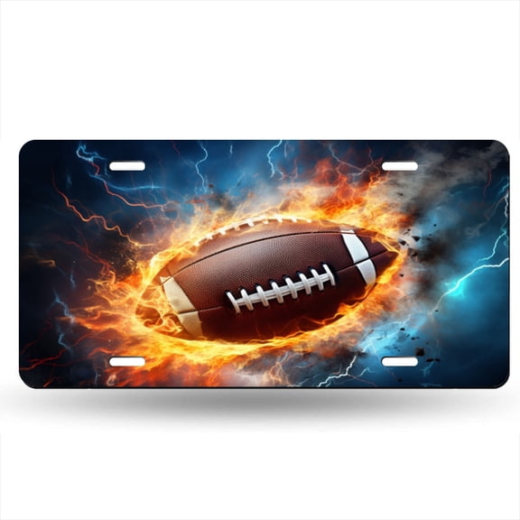 American Football Ball On Fire With Thunderstorm And Lightning Background Decorative Signboard, Decorative Metal Plate with 4 Holes, 6x12inch Artistic Plate Frame