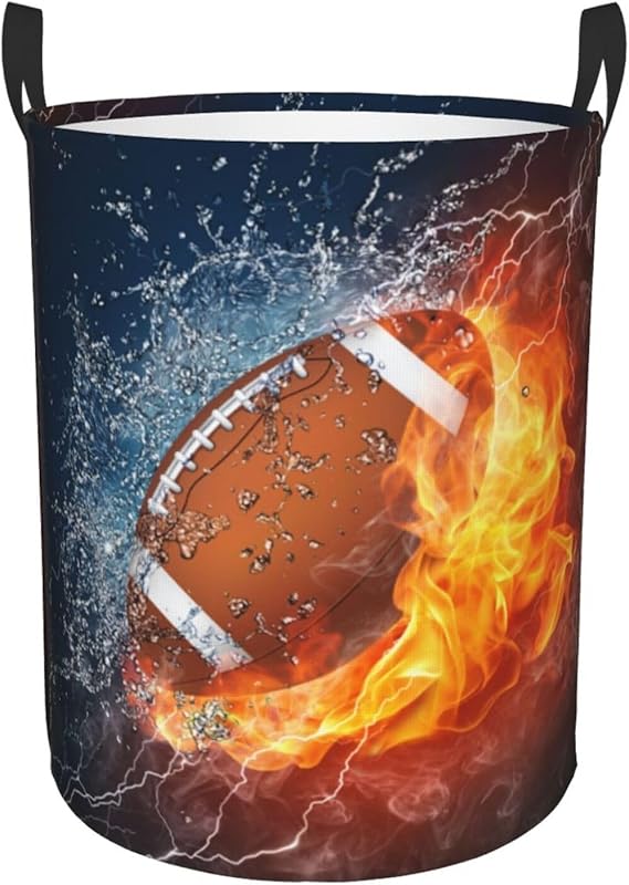 American Football Ball In Fire And Water Round Laundry Hamper Sport Rugby Storage Basket Toys Clothes Organizer Bin For Home Bathroom Bedroom Dorm Nursery