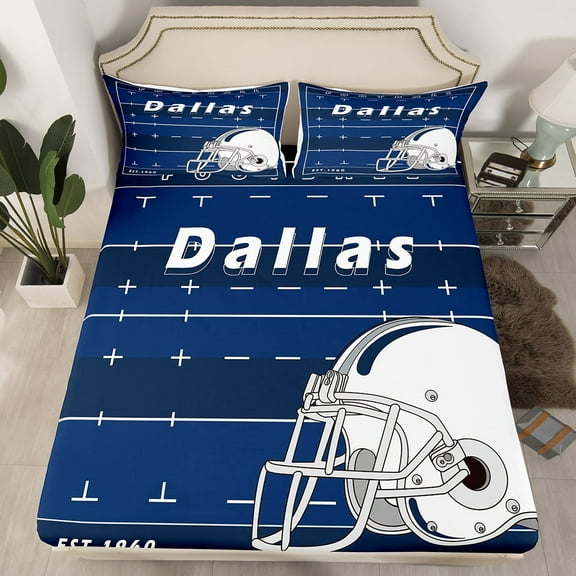 American Football Bed Sheets Sports Gaming Court Fitted Sheet, American Football City Bedding Set Full Bedroom Decor, Sports Helmet Sheets With 2 Pillowcases (Dallas)