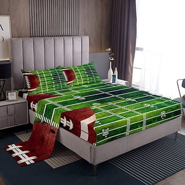 American Football Bed Sheets Set Twin Bedroom Decor,Sports Games Fitted Sheet American Football Field Illustration Bedding Set 3Pcs (1 Fitted Sheet 1 Flat Sheet 1 Pillowcase) Green Brown