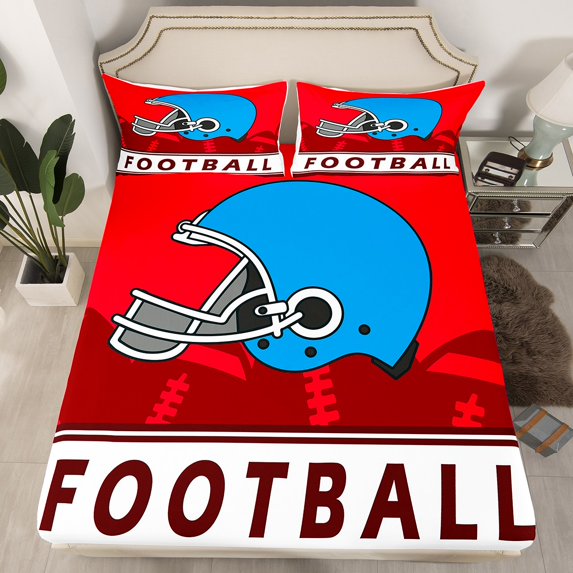 American Football Bed Sheets Sports Competition Fitted Sheet For Teens , Football Gifts Bedding Set Ball Game Helmet Sheets With 2 Pillow Cases, Red Blue (Queen 3Pcs)