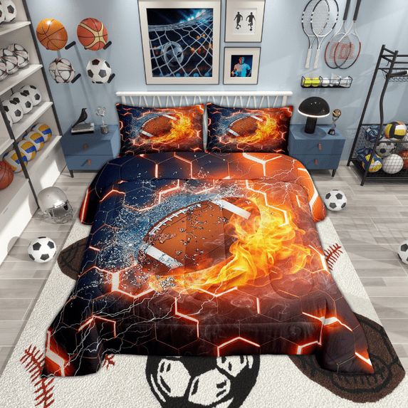 American Football Bedding Sets, Sports Games Rugby Comforter Set Geometric Hexagon Duvet Insert Full Size, Gradient Honeycomb Quilt Teens Adult Men Bedroom Decor, Gold