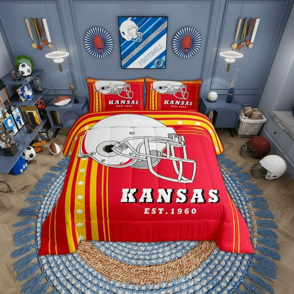 American Football City Bedding Comforter Sets Football Sports Game Full Bedding with 2 Pillowcases, American Football Helmet Comforter Set Teen Football Bedroom Decor, Yellow Red (Kansas)