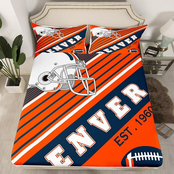 American Football City Fitted Sheet Football Sports Teams Bedding Set 3 Pieces, 3D Ball Game Bed Sheets Easter Gifts Adults Orange and Navy Blue Bed Set Full (Denver)