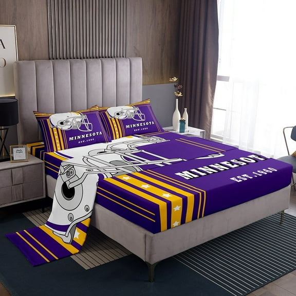 American Football City Sheet Set Football Gifts Twin Sheets, Sports Team Style Bed Sheets Set For Teen Football Helmet Bedding Set, Purple Yellow White (Minnesota)