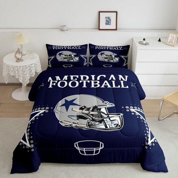 American Football Comforter Set King Size Rugby Helmets Bedding Set Teens Men Bedroom Decor Ball Sports Gaming Quilted Duvet Modern Grey Stars Print Duvet Insert,Navy Blue